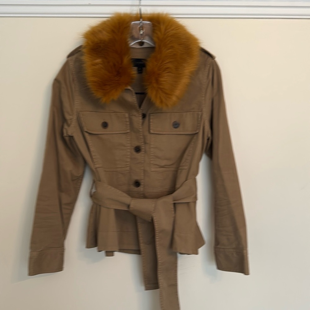 J CREW Khaki Peplum Chino Jacket With Removable Faux Fur Collar